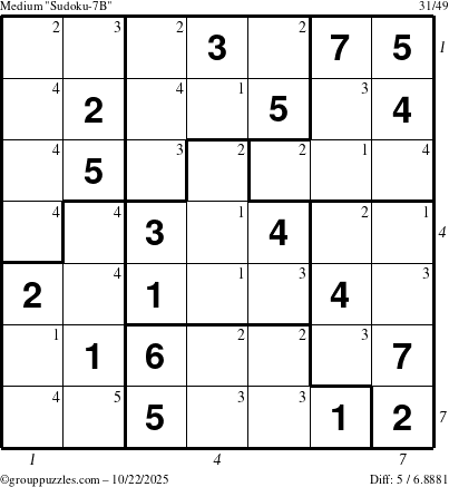 The grouppuzzles.com Medium Sudoku-7B puzzle for Wednesday October 22, 2025 with all 5 steps marked