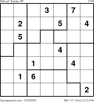 The grouppuzzles.com Difficult Sudoku-7B puzzle for Wednesday October 22, 2025