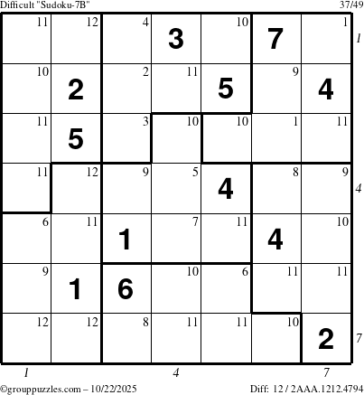The grouppuzzles.com Difficult Sudoku-7B puzzle for Wednesday October 22, 2025 with all 12 steps marked