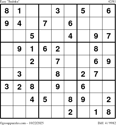 The grouppuzzles.com Easy Sudoku puzzle for Wednesday October 22, 2025