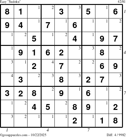 The grouppuzzles.com Easy Sudoku puzzle for Wednesday October 22, 2025 with all 4 steps marked