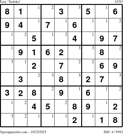 The grouppuzzles.com Easy Sudoku puzzle for Wednesday October 22, 2025 with the first 3 steps marked