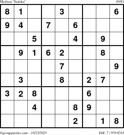 The grouppuzzles.com Medium Sudoku puzzle for Wednesday October 22, 2025