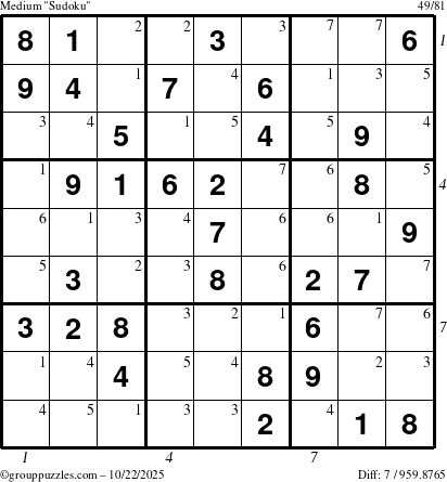 The grouppuzzles.com Medium Sudoku puzzle for Wednesday October 22, 2025 with all 7 steps marked