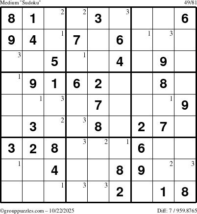 The grouppuzzles.com Medium Sudoku puzzle for Wednesday October 22, 2025 with the first 3 steps marked