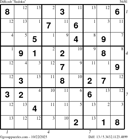 The grouppuzzles.com Difficult Sudoku puzzle for Wednesday October 22, 2025 with all 13 steps marked