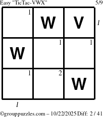 The grouppuzzles.com Easy TicTac-VWX puzzle for Wednesday October 22, 2025 with all 2 steps marked