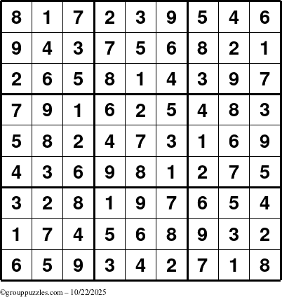 The grouppuzzles.com Answer grid for the Sudoku puzzle for Wednesday October 22, 2025