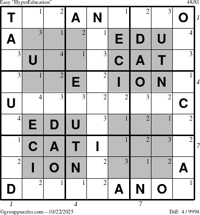 The grouppuzzles.com Easy HyperEducation-i23 puzzle for Wednesday October 22, 2025 with all 4 steps marked