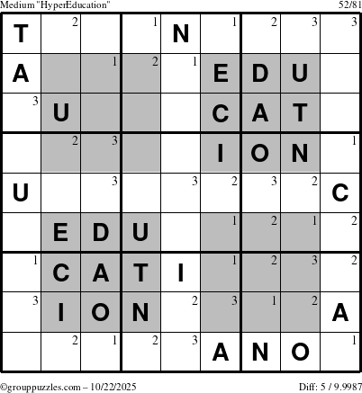 The grouppuzzles.com Medium HyperEducation-i23 puzzle for Wednesday October 22, 2025 with the first 3 steps marked