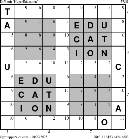 The grouppuzzles.com Difficult HyperEducation-i23 puzzle for Wednesday October 22, 2025 with all 11 steps marked