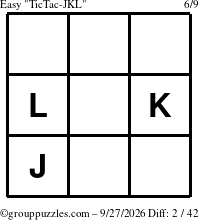 The grouppuzzles.com Easy TicTac-JKL puzzle for Sunday September 27, 2026