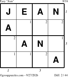 The grouppuzzles.com Easy Jean puzzle for Sunday September 27, 2026 with all 2 steps marked