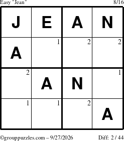 The grouppuzzles.com Easy Jean puzzle for Sunday September 27, 2026 with the first 2 steps marked