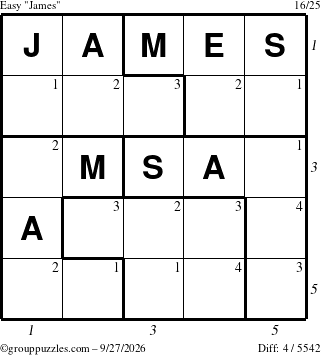 The grouppuzzles.com Easy James puzzle for Sunday September 27, 2026 with all 4 steps marked