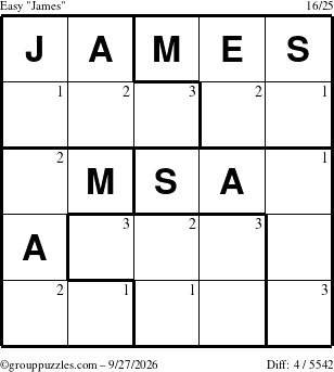 The grouppuzzles.com Easy James puzzle for Sunday September 27, 2026 with the first 3 steps marked