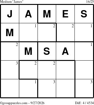 The grouppuzzles.com Medium James puzzle for Sunday September 27, 2026 with the first 3 steps marked