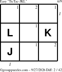 The grouppuzzles.com Easy TicTac-JKL puzzle for Sunday September 27, 2026, suitable for printing, with all 2 steps marked