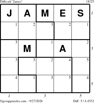 The grouppuzzles.com Difficult James puzzle for Sunday September 27, 2026, suitable for printing, with all 5 steps marked