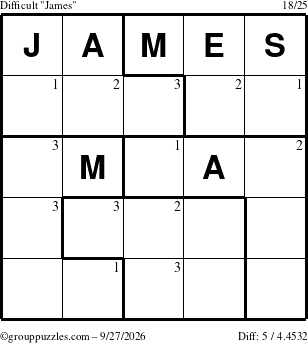The grouppuzzles.com Difficult James puzzle for Sunday September 27, 2026 with the first 3 steps marked