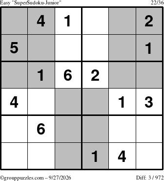 The grouppuzzles.com Easy SuperSudoku-Junior puzzle for Sunday September 27, 2026