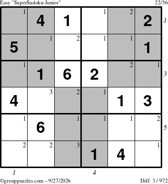 The grouppuzzles.com Easy SuperSudoku-Junior puzzle for Sunday September 27, 2026 with all 3 steps marked