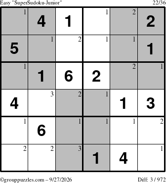 The grouppuzzles.com Easy SuperSudoku-Junior puzzle for Sunday September 27, 2026 with the first 3 steps marked