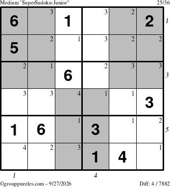 The grouppuzzles.com Medium SuperSudoku-Junior puzzle for Sunday September 27, 2026 with all 4 steps marked