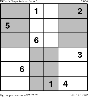 The grouppuzzles.com Difficult SuperSudoku-Junior puzzle for Sunday September 27, 2026