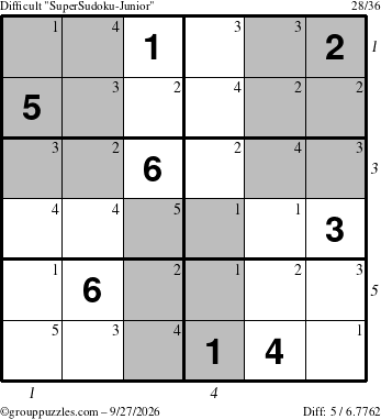The grouppuzzles.com Difficult SuperSudoku-Junior puzzle for Sunday September 27, 2026, suitable for printing, with all 5 steps marked