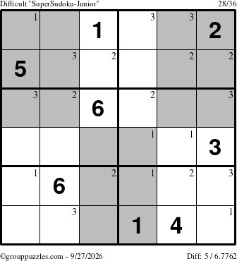 The grouppuzzles.com Difficult SuperSudoku-Junior puzzle for Sunday September 27, 2026 with the first 3 steps marked