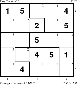 The grouppuzzles.com Easy Sudoku-5 puzzle for Sunday September 27, 2026 with all 3 steps marked
