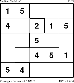 The grouppuzzles.com Medium Sudoku-5 puzzle for Sunday September 27, 2026