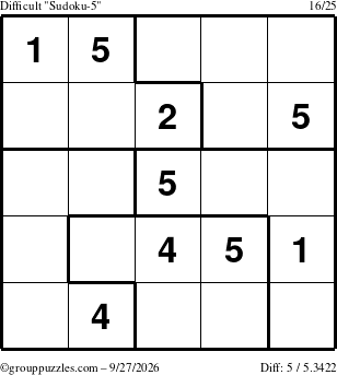 The grouppuzzles.com Difficult Sudoku-5 puzzle for Sunday September 27, 2026