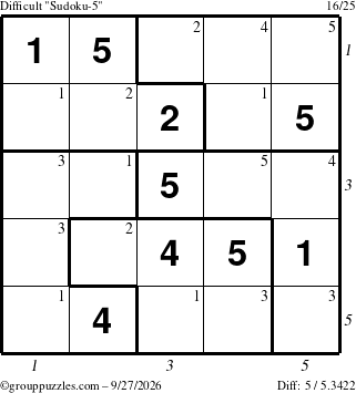 The grouppuzzles.com Difficult Sudoku-5 puzzle for Sunday September 27, 2026, suitable for printing, with all 5 steps marked