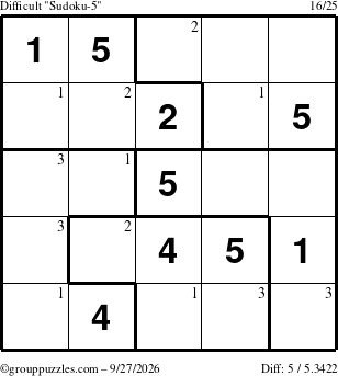 The grouppuzzles.com Difficult Sudoku-5 puzzle for Sunday September 27, 2026 with the first 3 steps marked