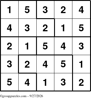 The grouppuzzles.com Answer grid for the Sudoku-5 puzzle for Sunday September 27, 2026