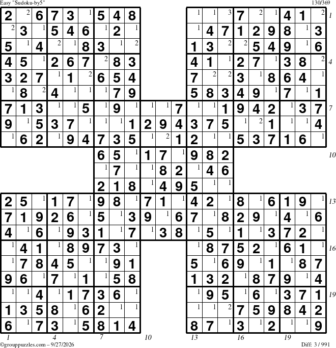 The grouppuzzles.com Easy Sudoku-by5 puzzle for Sunday September 27, 2026, suitable for printing, with all 3 steps marked
