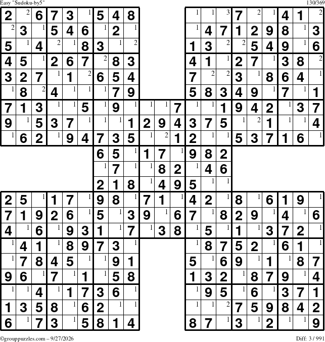 The grouppuzzles.com Easy Sudoku-by5 puzzle for Sunday September 27, 2026 with the first 3 steps marked