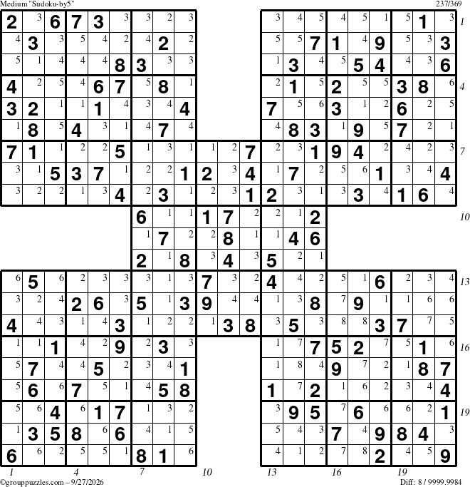 The grouppuzzles.com Medium Sudoku-by5 puzzle for Sunday September 27, 2026, suitable for printing, with all 8 steps marked