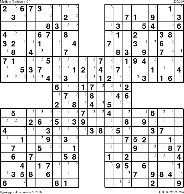 The grouppuzzles.com Medium Sudoku-by5 puzzle for Sunday September 27, 2026 with the first 3 steps marked