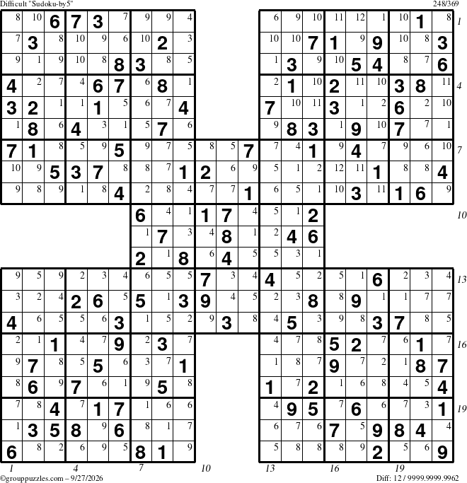 The grouppuzzles.com Difficult Sudoku-by5 puzzle for Sunday September 27, 2026 with all 12 steps marked