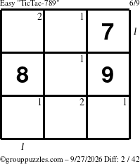 The grouppuzzles.com Easy TicTac-789 puzzle for Sunday September 27, 2026 with all 2 steps marked
