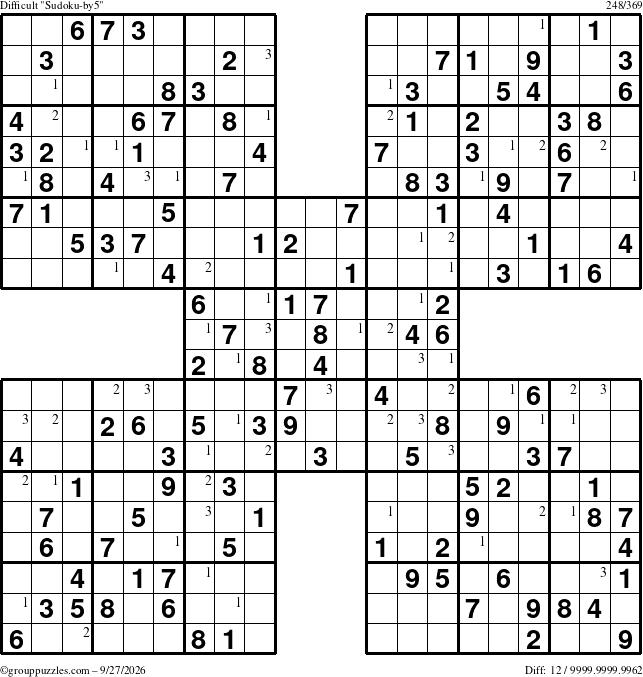 The grouppuzzles.com Difficult Sudoku-by5 puzzle for Sunday September 27, 2026 with the first 3 steps marked