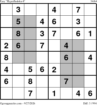 The grouppuzzles.com Easy HyperSudoku-8 puzzle for Sunday September 27, 2026