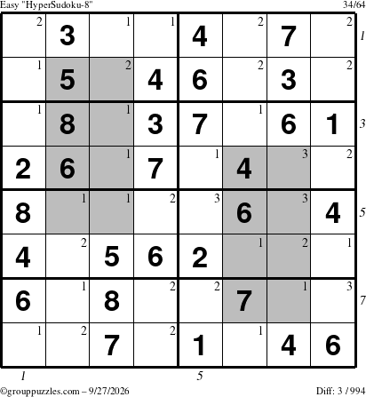 The grouppuzzles.com Easy HyperSudoku-8 puzzle for Sunday September 27, 2026 with all 3 steps marked