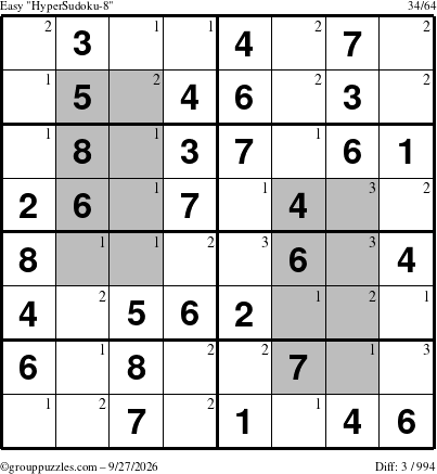 The grouppuzzles.com Easy HyperSudoku-8 puzzle for Sunday September 27, 2026 with the first 3 steps marked