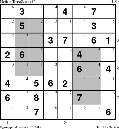 The grouppuzzles.com Medium HyperSudoku-8 puzzle for Sunday September 27, 2026, suitable for printing, with all 7 steps marked