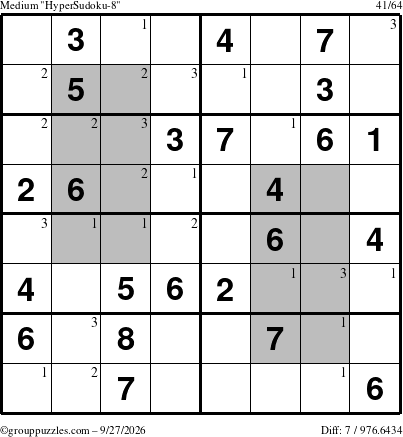 The grouppuzzles.com Medium HyperSudoku-8 puzzle for Sunday September 27, 2026 with the first 3 steps marked
