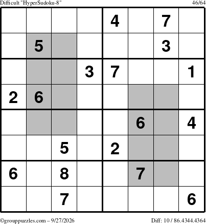The grouppuzzles.com Difficult HyperSudoku-8 puzzle for Sunday September 27, 2026